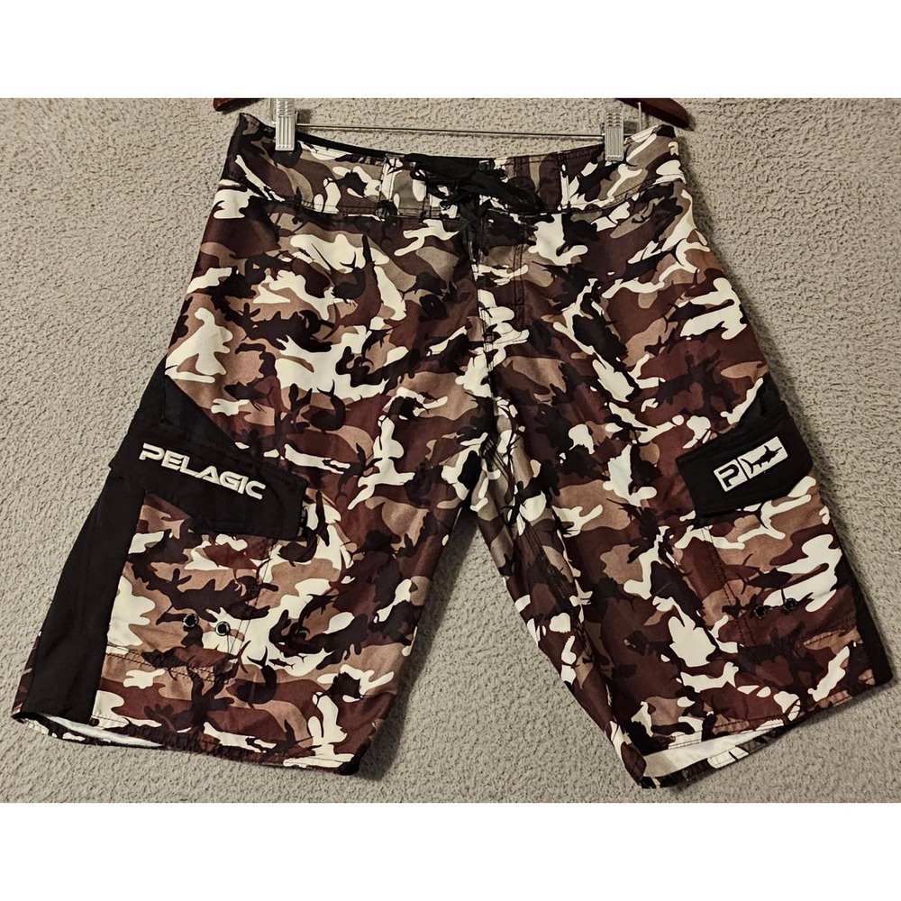 Pelagic Mens Brown Fish Camo Board Shorts Fishing Cargo Pockets Size 30